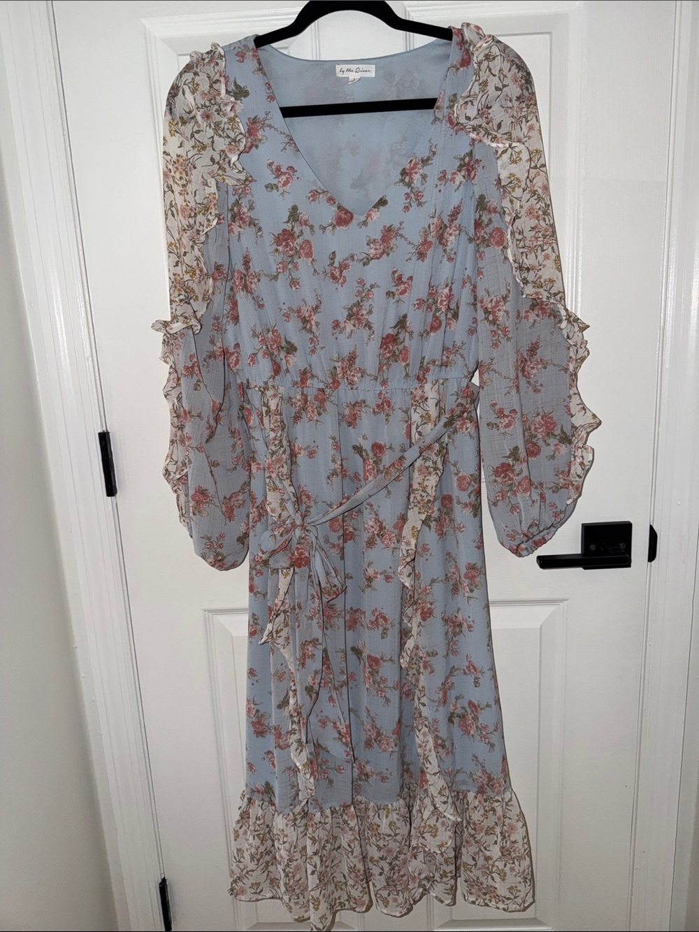 Light Blue Floral Tie-Waist Midi Dress